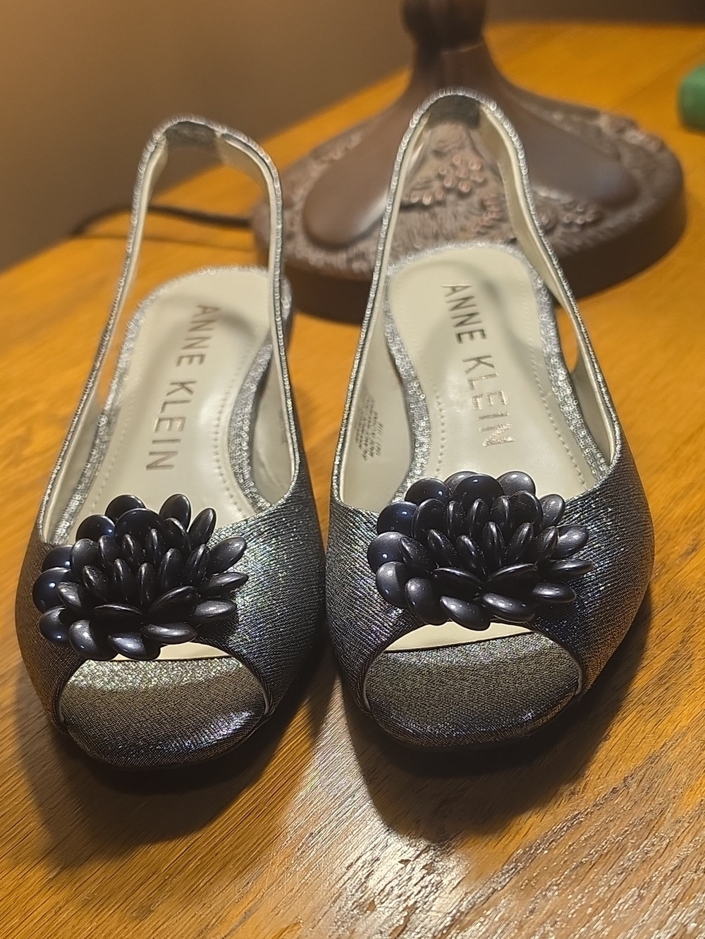 Anne Klein Metallic Pewter Open-Toe Slingback Flats with Floral Accent